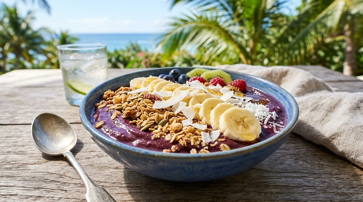Café da manhã de Sagitário: Tigela de Açaí completa com frutas tropicais - Energia pura e cores vivas para quem está sempre em movimento. por Imagem gerada por IA