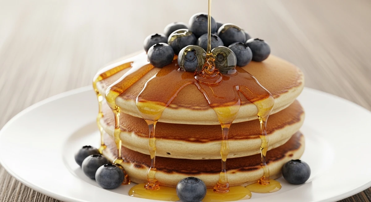 Café da manhã de Virgem: Panquecas americanas com frutas e mel - Discos perfeitamente redondos, empilhados com simetria e regados com mel de qualidade. por Imagem gerada por IA