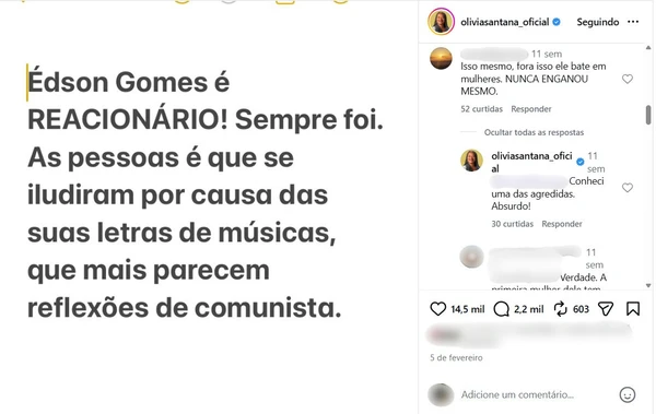 Comentário aconteceu antes de polêmica entre artistas por Reprodução