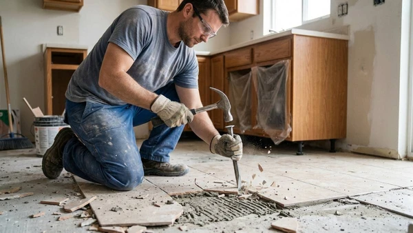 Este operário trabalhando na remoção minuciosa das lajetas ilustra o fim da soberania do piso cerâmico tradicional e o início de uma nova era de reformas marcadas pela fluidez e praticidade