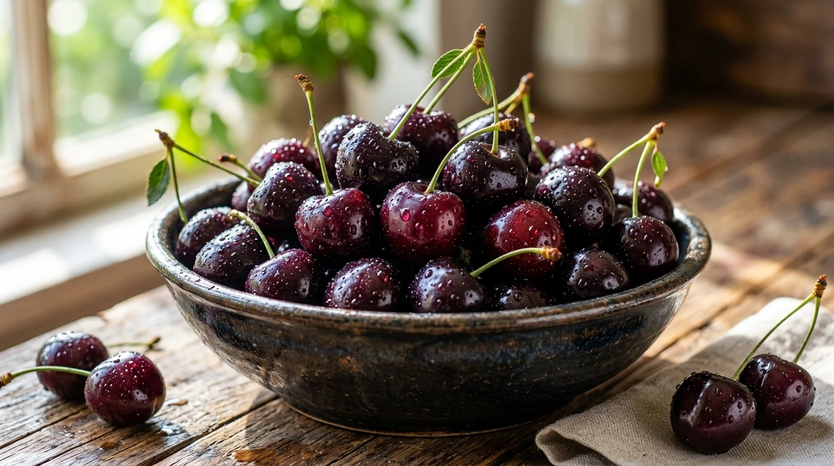 Fruta de Escorpião: Cerejas Negras - Suculentas, brilhantes e com uma cor que transborda intensidade. por Imagem gerada por IA