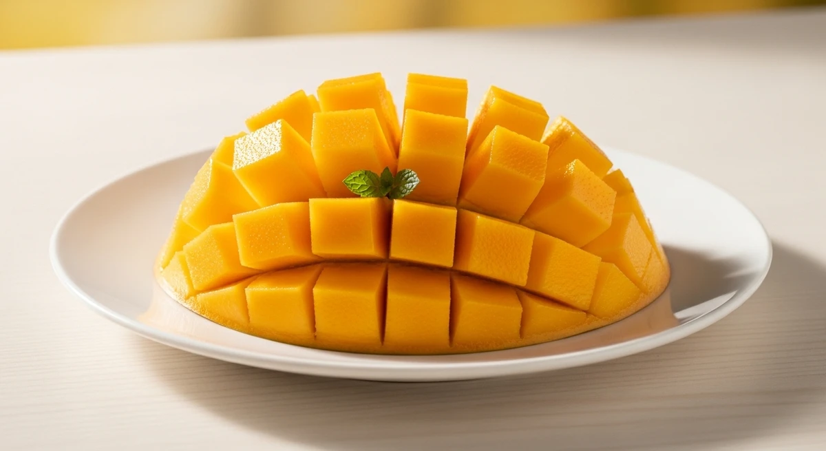 Fruta de Leão: Manga Palmer fatiada de forma artística - Uma fruta solar, suculenta, de cor vibrante e sabor tropical intenso. por Imagem gerada por IA
