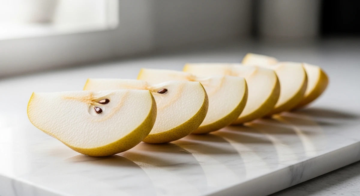 Fruta de Virgem: Pêra Rocha fatiada com precisão - Uma fruta firme, elegante e que não faz "sujeira" ao comer. por Imagem gerada por IA