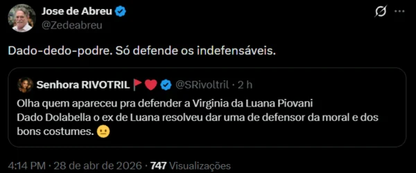 José de Abreu debocha de Dado Dolabella após apoio a Virginia