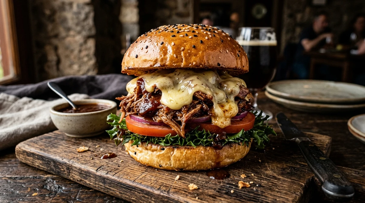 Junk food de Capricórnio: Burger de Costela com Queijo Canastra - O rústico elevado ao nível gourmet, sólido e muito saboroso. por Imagem gerada por IA