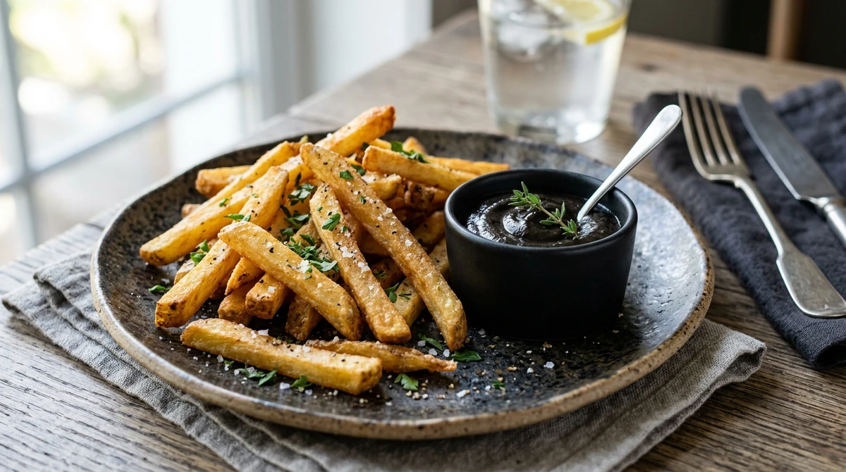 Junk food de Escorpião: Batata Frita com Molho de Alho Negro - O clássico com um toque exótico e visualmente sofisticado. por Imagem gerada por IA