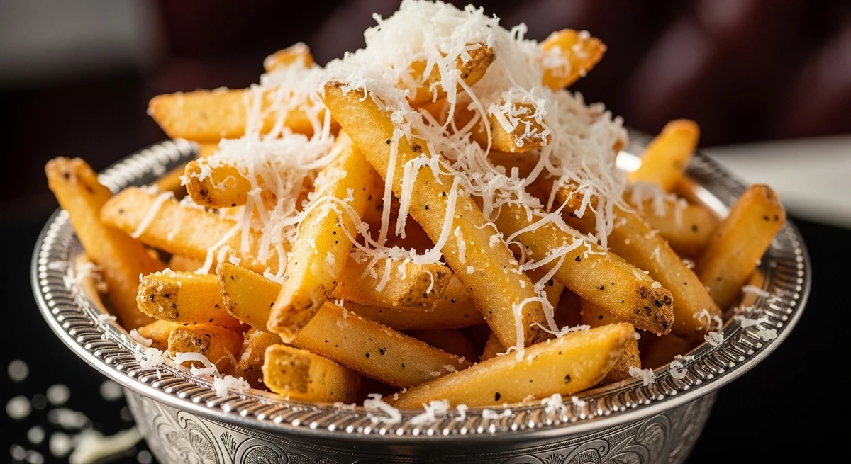 Junk food de Leão: Batata frita com Trufas e Parmesão ralado na hora - Se é para ser "junk", que tenha um toque de sofisticação e ingredientes premium. por Imagem gerada por IA