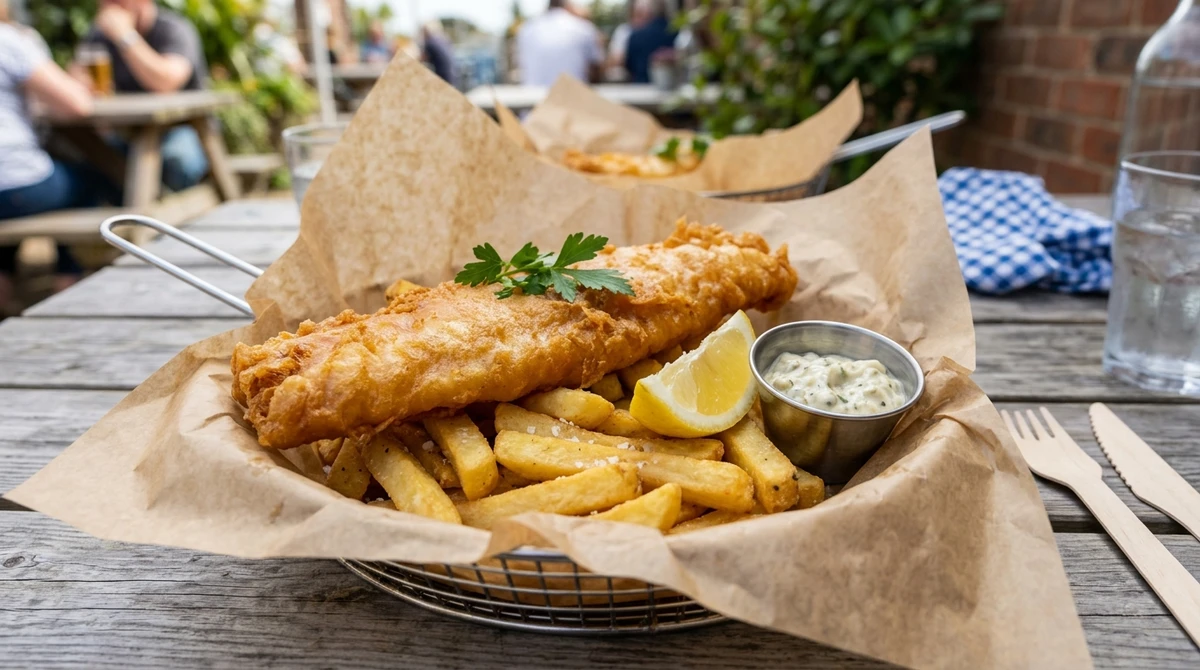 Junk food de Sagitário: Fish and Chips servido no jornal - A clássica comida de viagem, prática e com espírito nômade. por Imagem gerada por IA