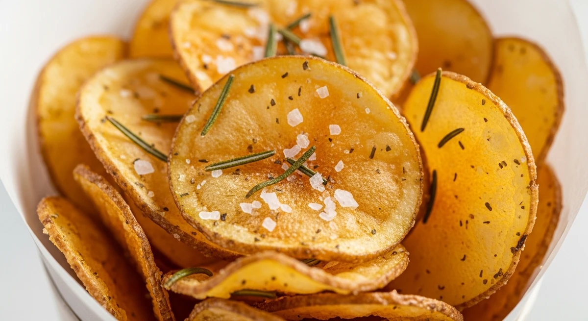 Junk food de Virgem: Batata Chips artesanal com Sal Marinho e Alecrim - O "pecado" aqui é o crocante perfeito, feito em casa ou de forma artesanal, bem apresentada. por Imagem gerada por IA
