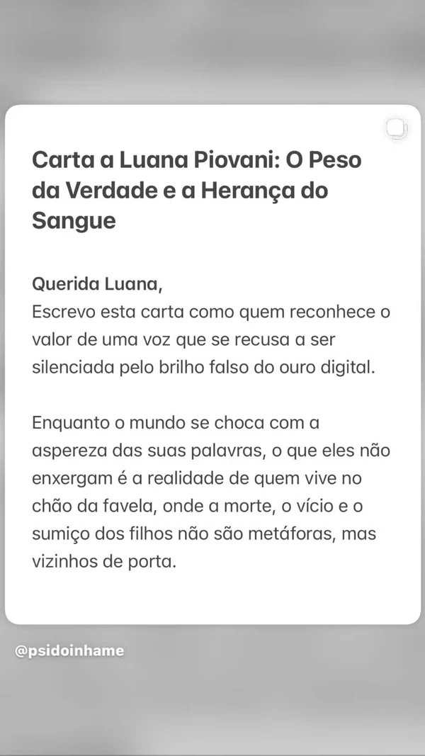 Luana Piovani compartilha carta aberta a ela em meio a polêmica com Virginia Fonseca por Reprodução