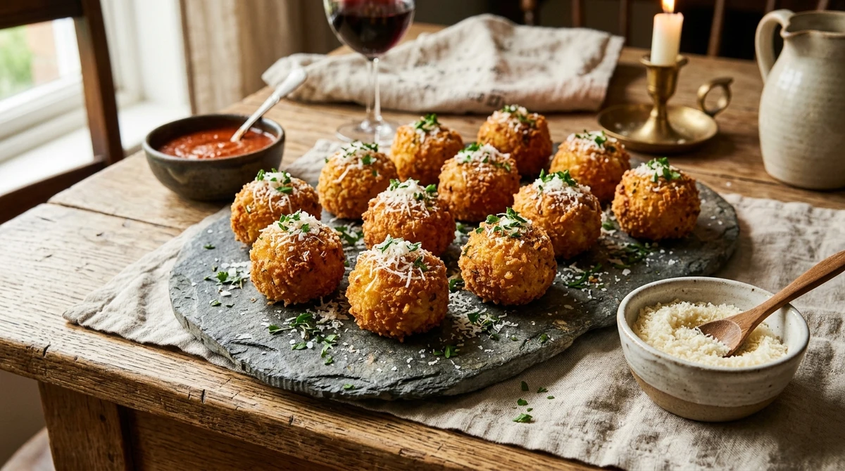 Petisco de Capricórnio: Bolinho de Arroz com Parmesão envelhecido - O reaproveitamento com qualidade e o sabor da tradição caseira. por Imagem gerada por IA