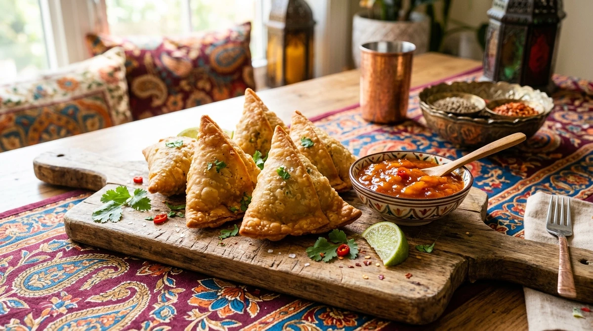 Petisco de Sagitário: Samosas crocantes com chutney - A comida de rua global que representa o espírito livre do signo. por Imagem gerada por IA