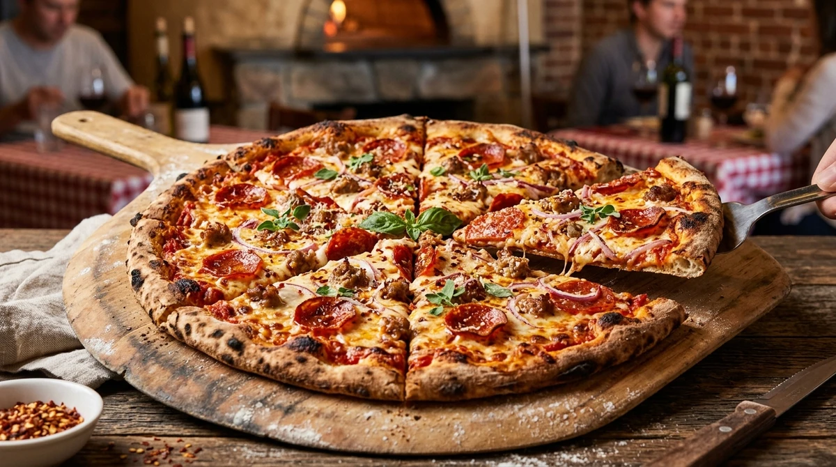 Pizza de Capricórnio: Pizza de Calabresa Artesanal e Cebola - O clássico que nunca falha, feito com ingredientes de alta qualidade. por Imagem gerada por IA