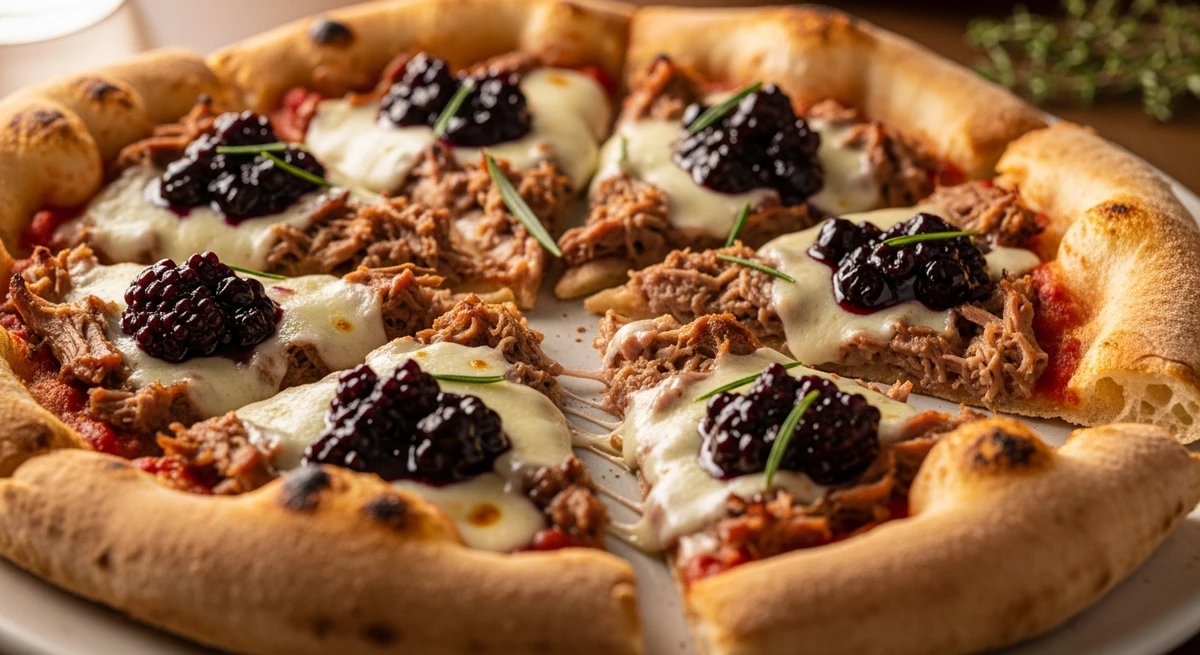 Pizza de Escorpião: Pizza de Lombo Defumado com Geleia de Amora - O contraste perfeito entre o defumado intenso e a doçura da fruta. por Imagem gerada por IA