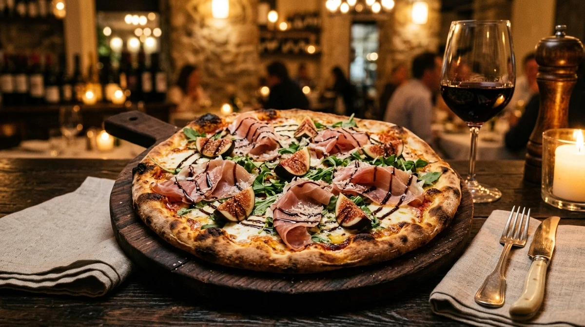 Pizza de Leão: Pizza Gourmet de Presunto de Parma e Figos - Ingredientes caros e uma combinação audaciosa que se destaca em qualquer mesa. por Imagem gerada por IA