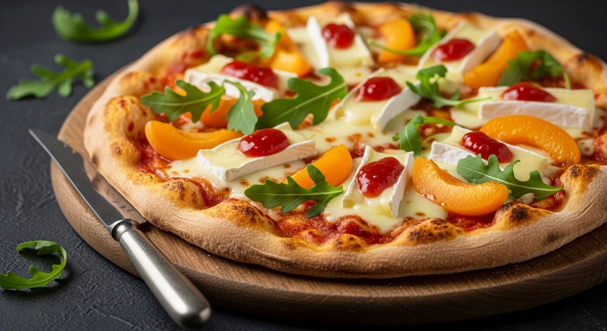 Pizza de Libra: Pizza de Brie com Geleia de Pimenta e Damasco - O equilíbrio entre a sofisticação do queijo francês e o toque agridoce. por Imagem gerada por IA