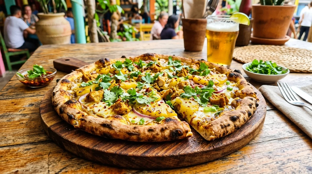 Pizza de Sagitário: Pizza de Frango com Curry e Abacaxi - Uma combinação exótica e ousada que desafia o paladar tradicional. por Imagem gerada por IA