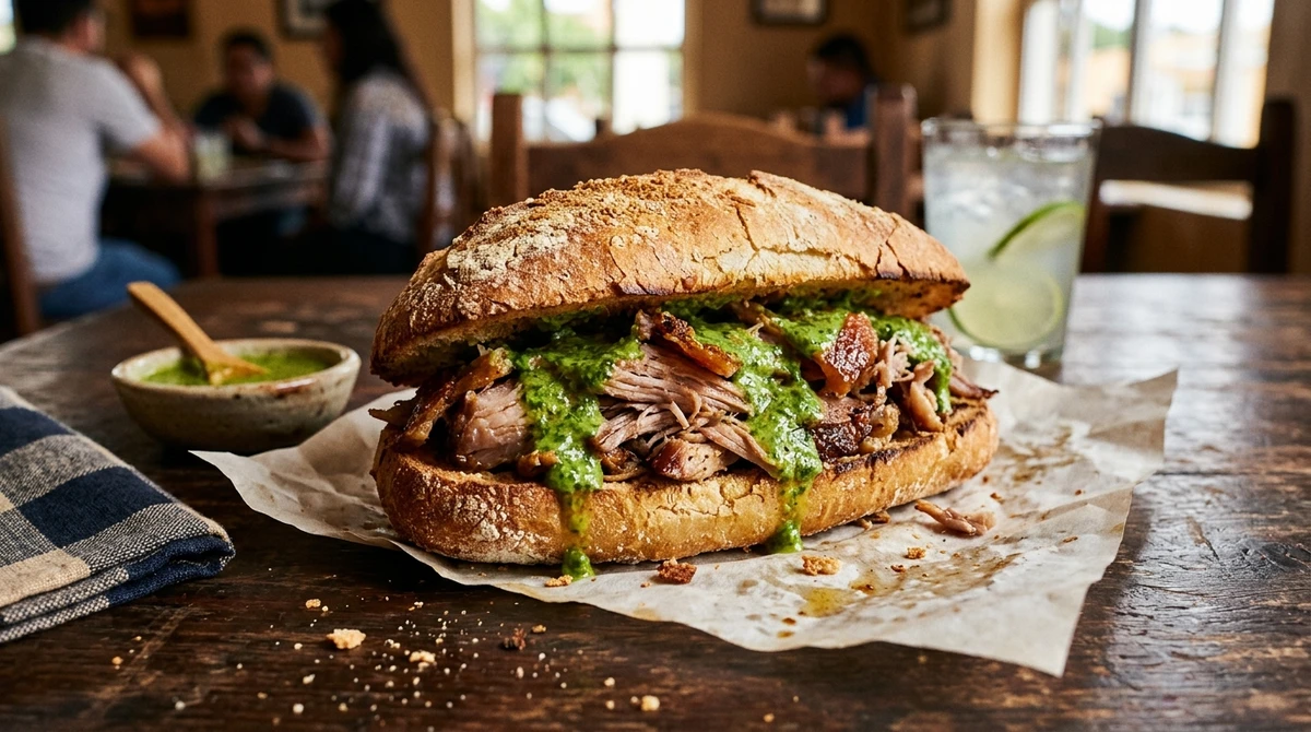 Sanduíche de Capricórnio: Sanduíche de Pernil com Molho de Ervas - Robusto, tradicional e feito com carne que exige preparo lento. por Imagem gerada por IA