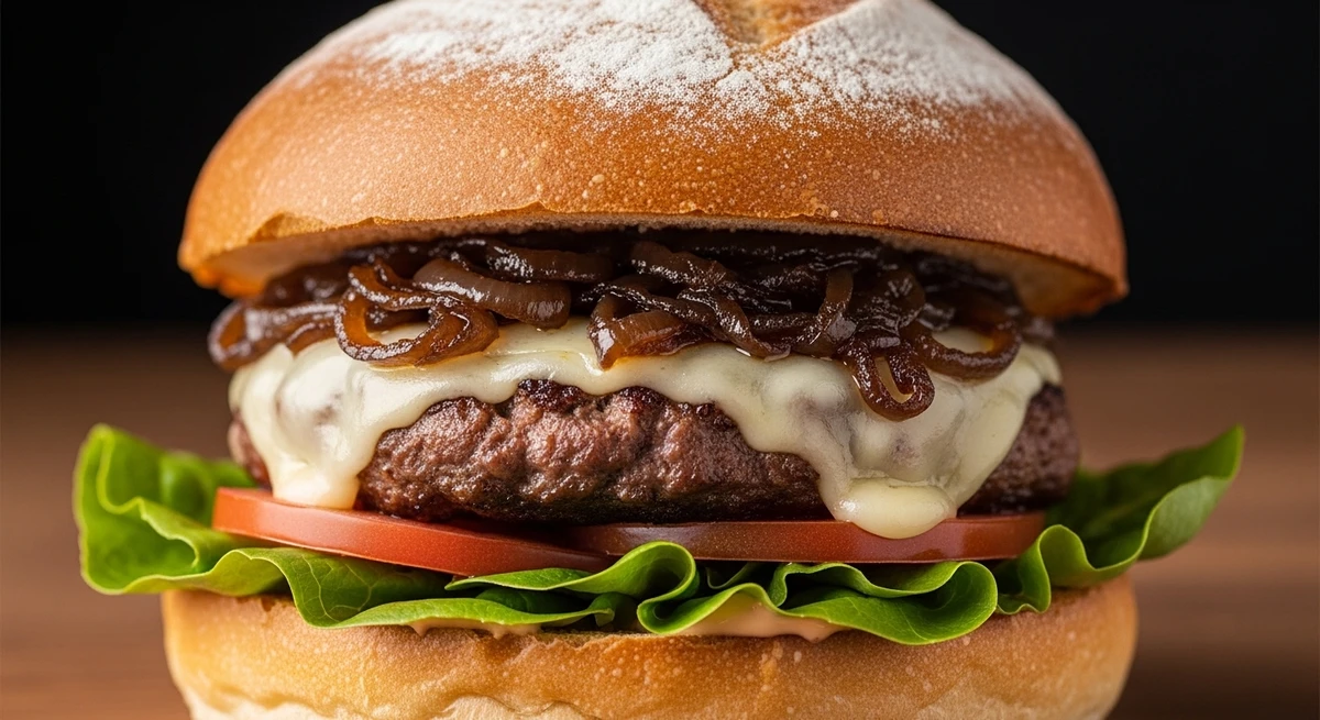 Sanduíche de Escorpião: Burger de Pão Australiano com Cebola Roxa - O pão escuro com recheio suculento e sabores marcantes. por Imagem gerada por IA