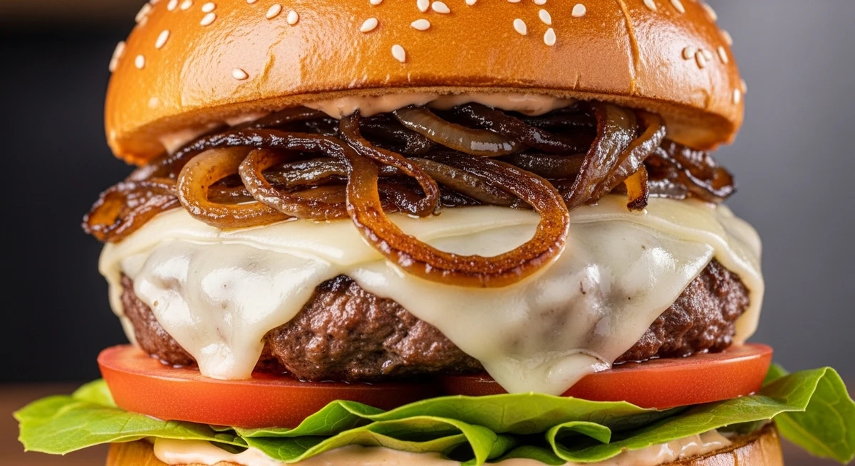 Sanduíche de Leão: Burger de Ouro (com pão brioche amanteigado e queijo suíço) - Um hambúrguer alto, imponente e com ingredientes selecionados. por Imagem gerada por IA