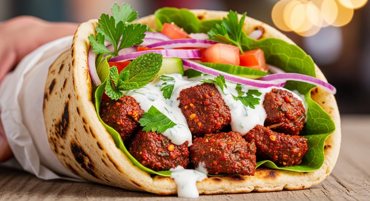 Sanduíche de Sagitário: Kebab de Cordeiro com molho de iogurte - O lanche das ruas do mundo, cheio de temperos e história. por Imagem gerada por IA