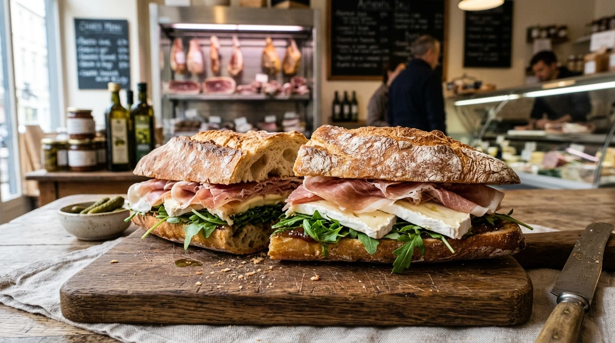 Sanduíche de Virgem: Baguete de Presunto Cru e Queijo Brie - O sanduíche clássico francês, com pão crocante e ingredientes nobres, tudo muito bem montado. por Imagem gerada por IA