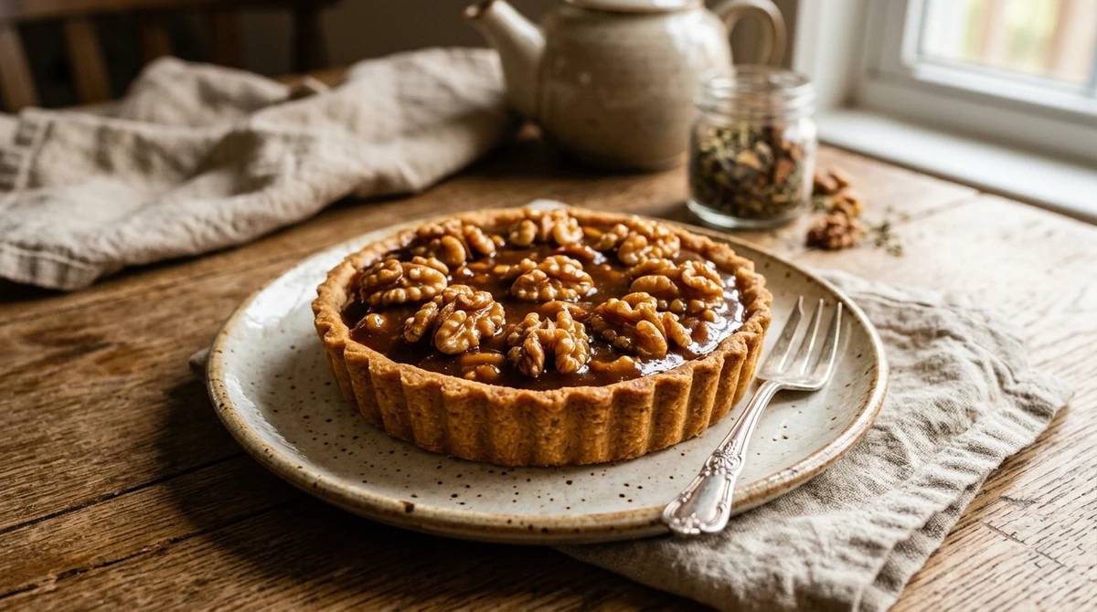 Sobremesa de Capricórnio: Tortinha de Nozes com Caramelo - Sabores terrosos e uma estrutura firme que remete ao elemento terra. por Imagem gerada por IA
