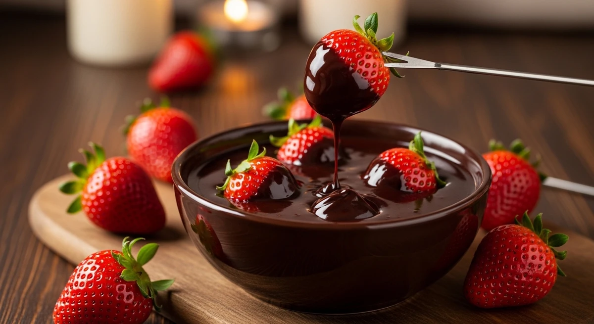 Sobremesa de Escorpião: Fondue de Chocolate Amargo com Morangos - O contraste entre o doce intenso e o vermelho vibrante da paixão. por Imagem gerada por IA