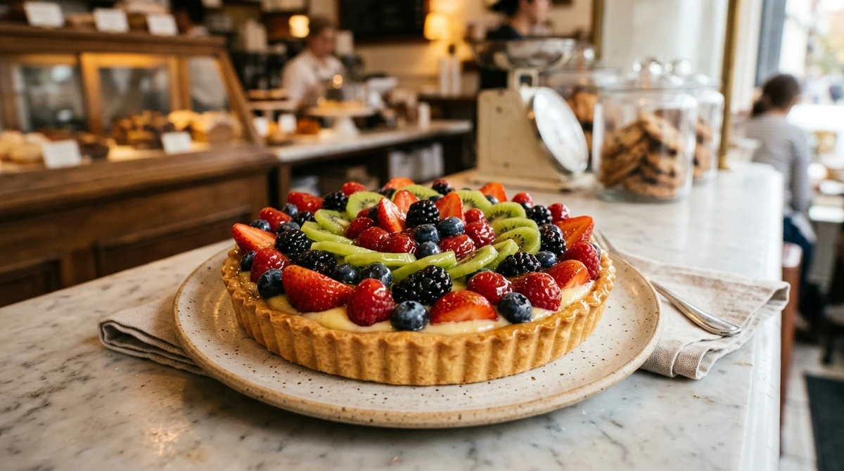 Sobremesa de Libra: Torta de Frutas com Creme de Confeiteiro - Cores vibrantes das frutas organizadas sobre um creme sedoso, como uma obra de arte. por Imagem gerada por IA