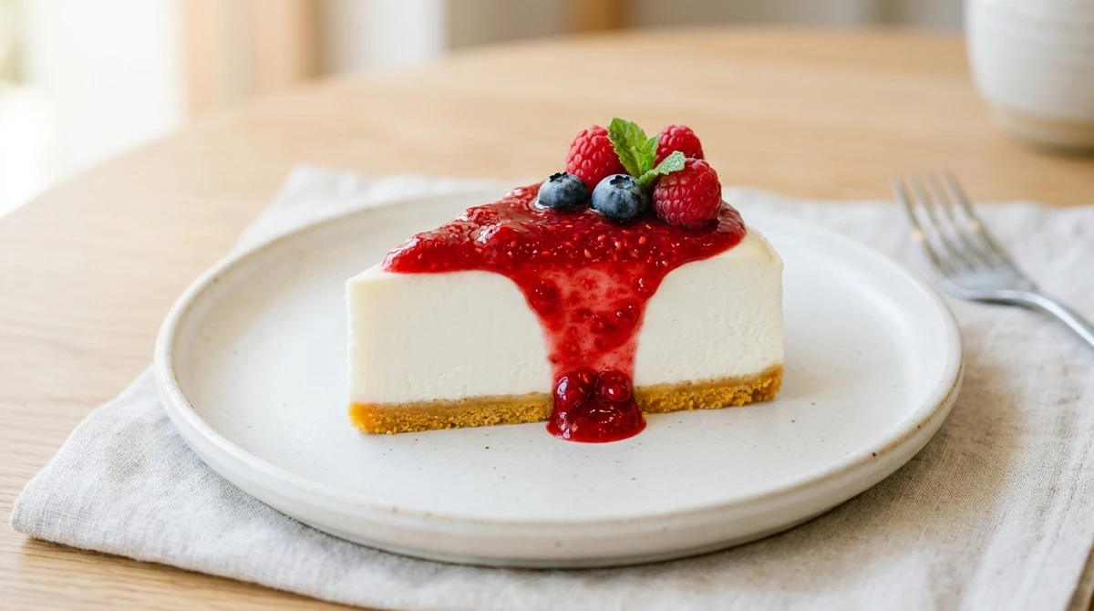 Sobremesa de Virgem: Cheesecake de Frutas Vermelhas - A estrutura firme, a base crocante e a finalização geométrica das frutas encantam o olhar virginiano. por Imagem gerada por IA