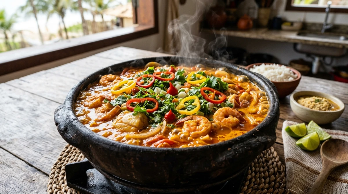 Almoço de Aquário: Moqueca de Peixe e Camarão - Um clássico brasileiro que celebra a mistura de ingredientes e a coletividade, servido em uma apresentação vibrante e autêntica. por Imagem gerada por IA