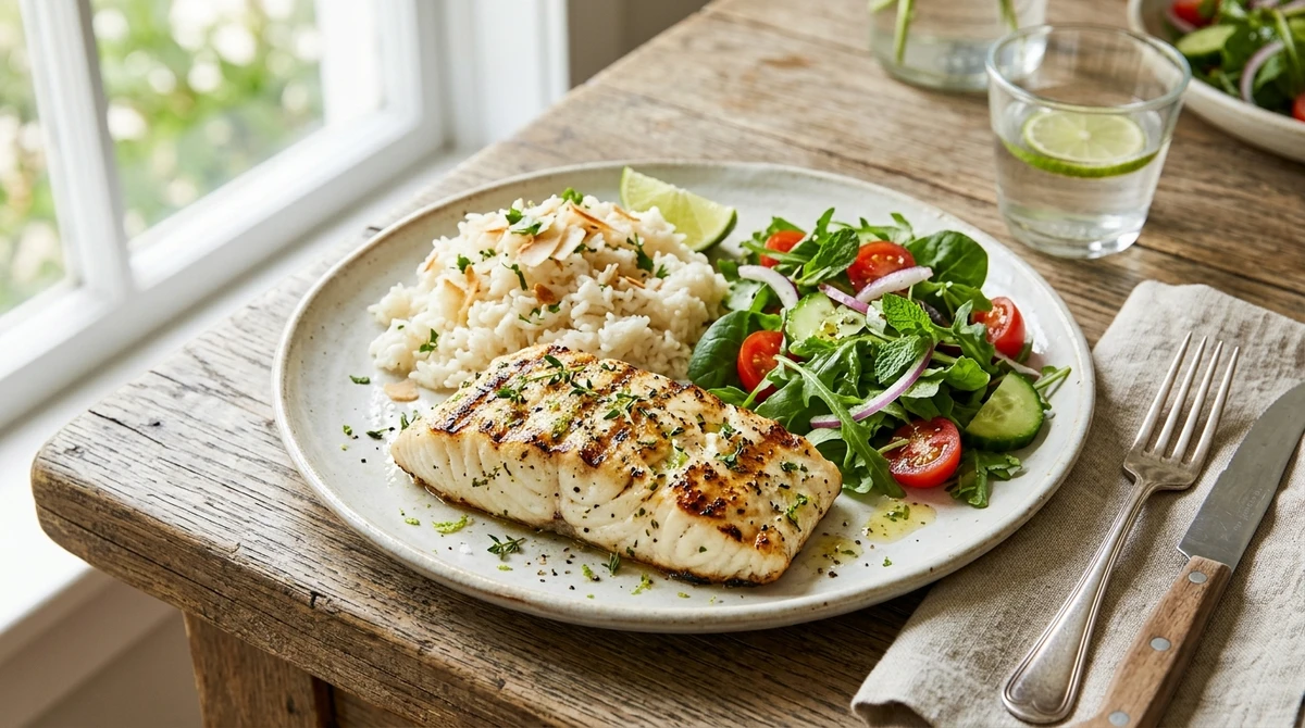 Almoço de Peixes: Filé de Peixe Grelhado com Arroz de Coco - Uma combinação suave, com texturas delicadas e um sabor que remete ao litoral. por Imagem gerada por IA