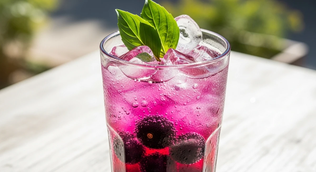 Bebida fria de Aquário: Soda Italiana de Jabuticaba com Manjericão - O uso de uma fruta super brasileira em uma combinação moderna, refrescante e visualmente autêntica. por Imagem gerada por IA