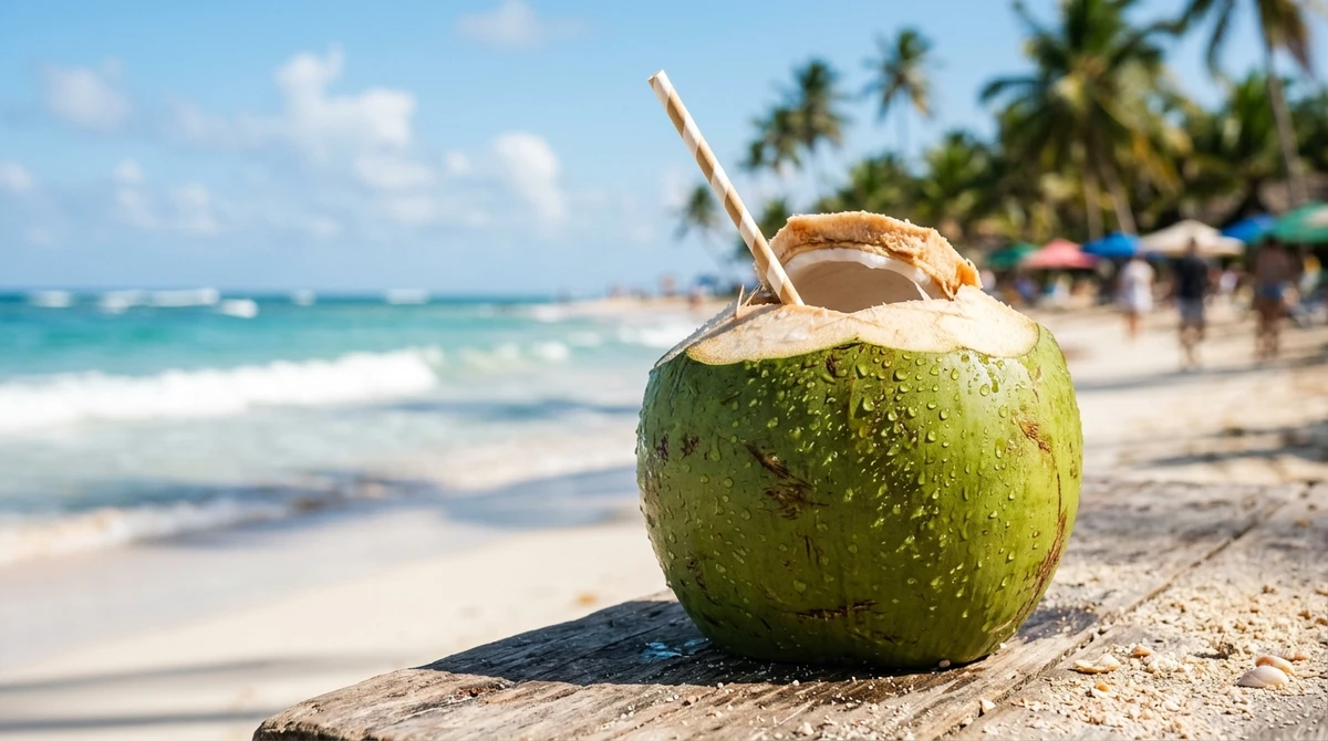 Bebida fria de Peixes: Água de Coco gelada com pedaços de fruta - O frescor natural e a conexão direta com o elemento água em sua forma mais pura. por Imagem gerada por IA