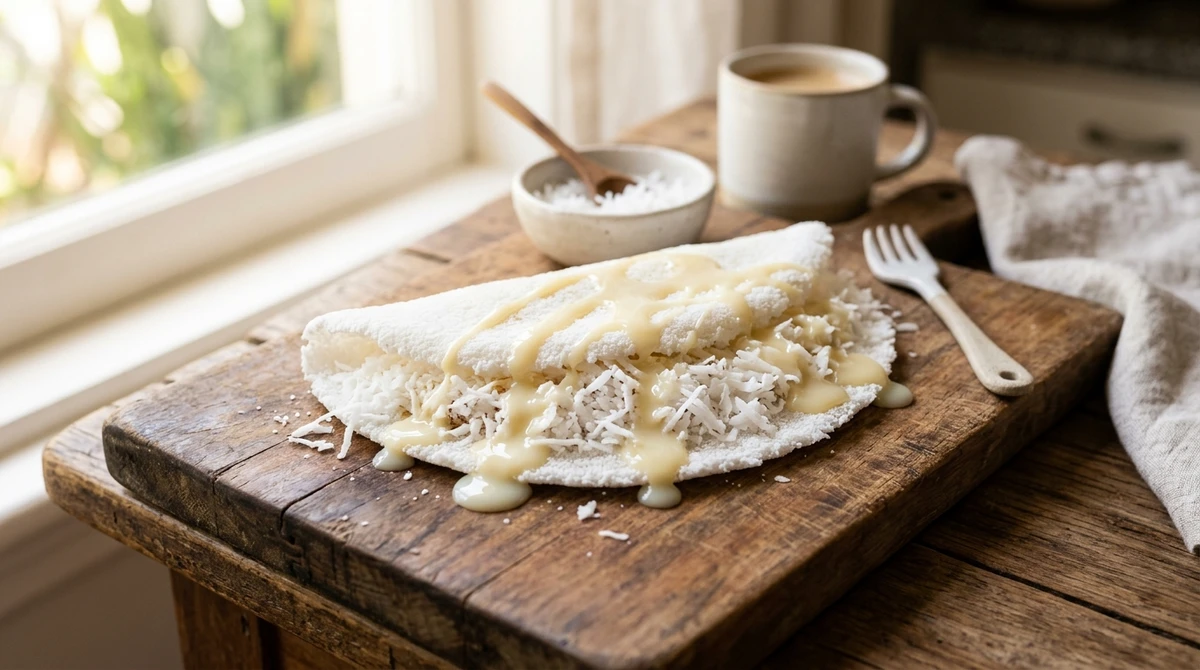 Café da manhã de Peixes: Tapioca de Coco com Leite Condensado - Macia, branquinha e reconfortante, como um abraço matinal. por Imagem gerada por IA