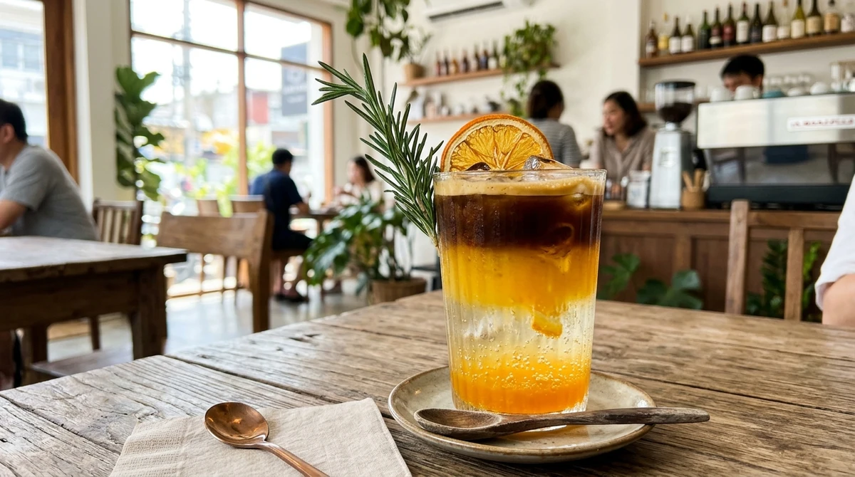Café de Aquário: Café com Tônico de Alecrim e Laranja - Uma mistura gelada com café quente ou um preparo nada óbvio que desafia o paladar tradicional. por Imagem gerada por IA
