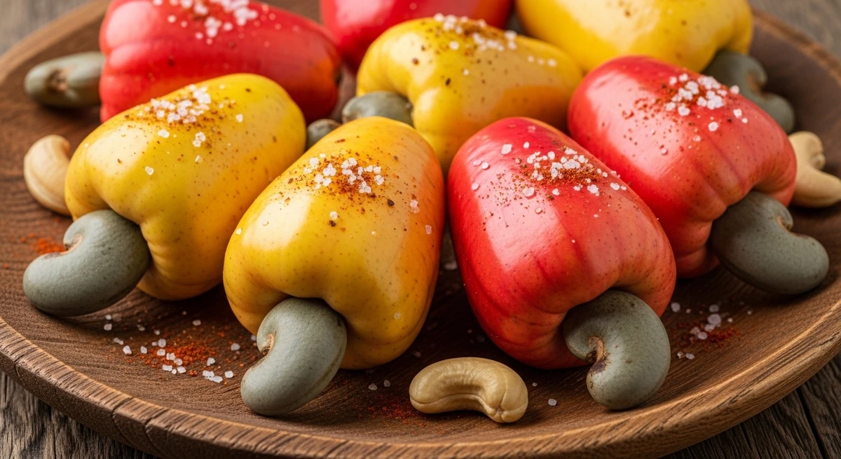 Fruta de Aquário: Caju com Sal e Especiarias - Uma fruta exótica em formato e sabor, servida de um jeito que realça sua complexidade. por Imagem gerada por IA