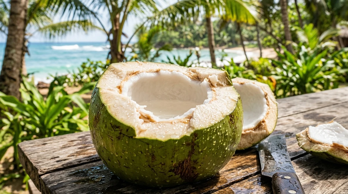 Fruta de Peixes: Coco Verde - A estética do litoral, o frescor da polpa branca e o simbolismo do mar. por Imagem gerada por IA