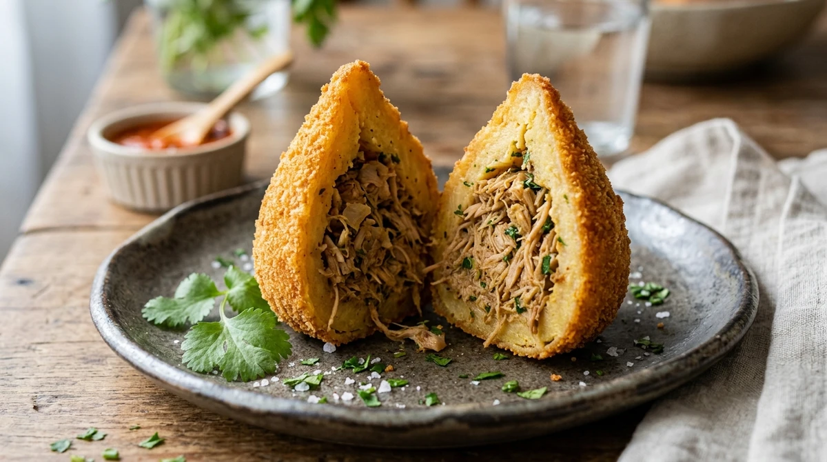 Junk food de Aquário: Coxinha de Jaca desfiada - A maior paixão nacional reinventada com um recheio inusitado que gera conversa (bem a cara de Aquário). por Imagem gerada por IA