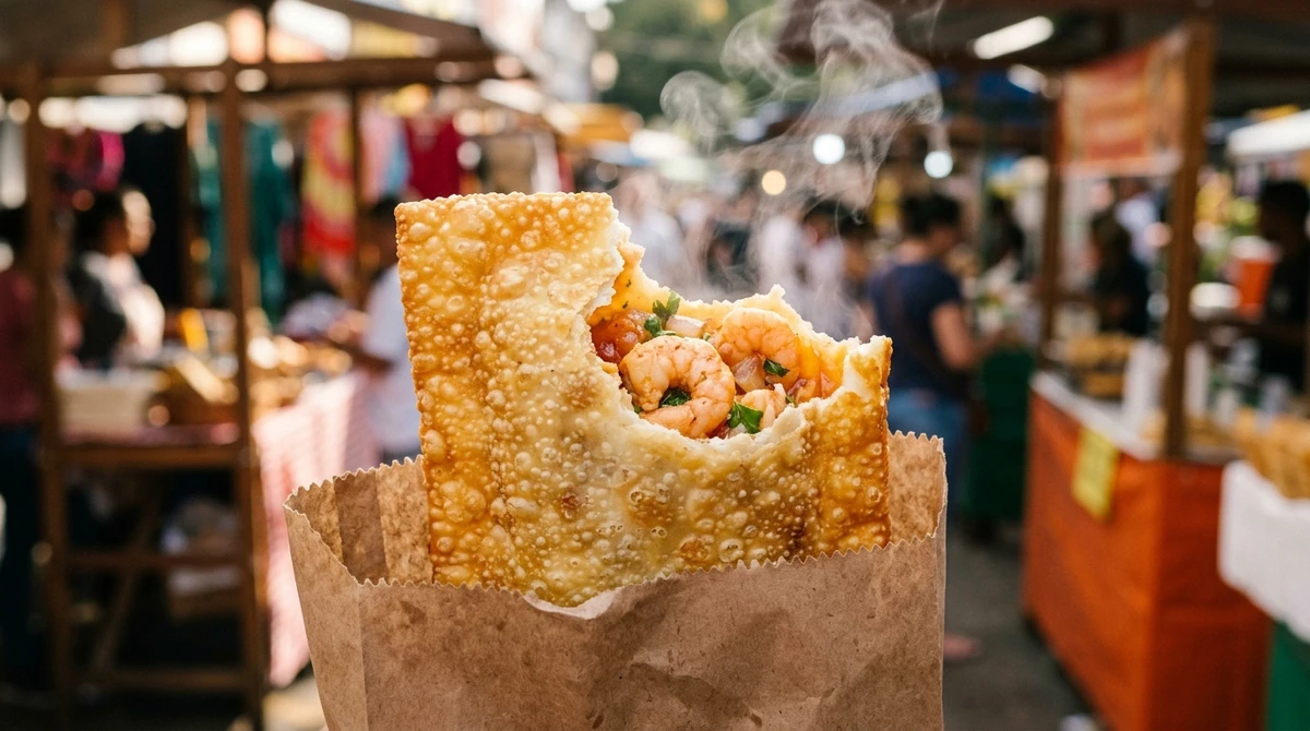 Junk food de Peixes: Pastel de Camarão bem recheado - A crocância da feira com o sabor afetivo e suculento do recheio de camarão. por Imagem gerada por IA