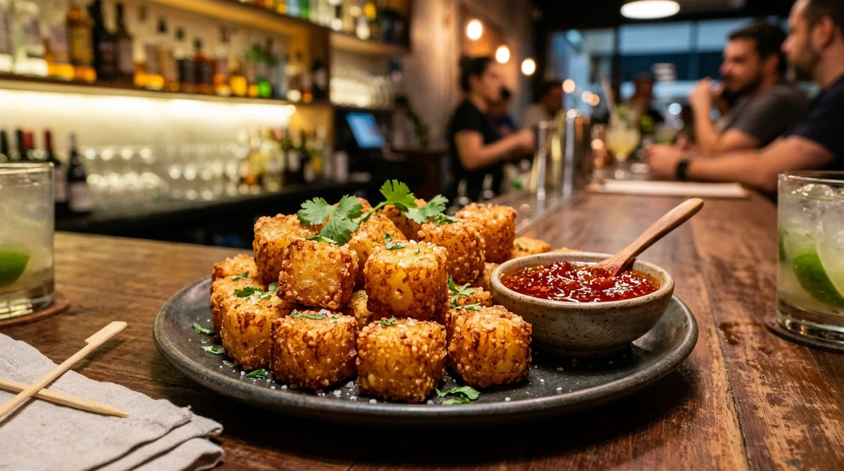 Petisco de Aquário: Dadinhos de Tapioca com Geleia de Pimenta - Um clássico moderno brasileiro que revolucionou o conceito de petisco de bar com sua textura única. por Imagem gerada por IA