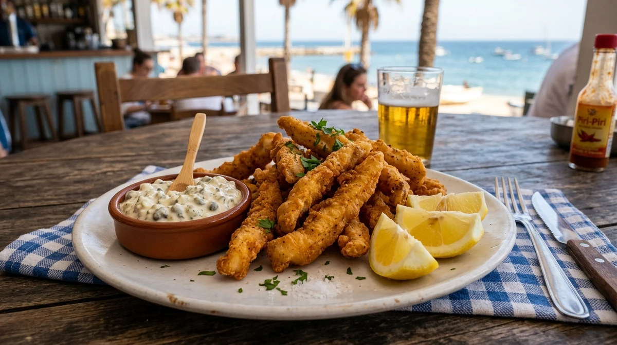 Petisco de Peixes: Iscas de Peixe com Molho Tártaro - O petisco clássico de praia, leve, crocante e que alimenta a alma de quem ama o mar. por Imagem gerada por IA