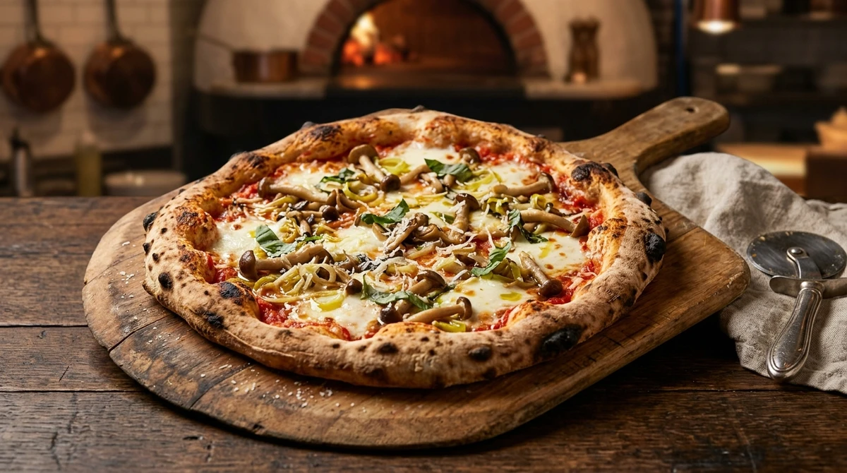 Pizza de Aquário: Pizza de Shimeji com Alho-Poró - Fugindo dos sabores tradicionais com ingredientes que trazem uma estética moderna e sabor diferenciado. por Imagem gerada por IA