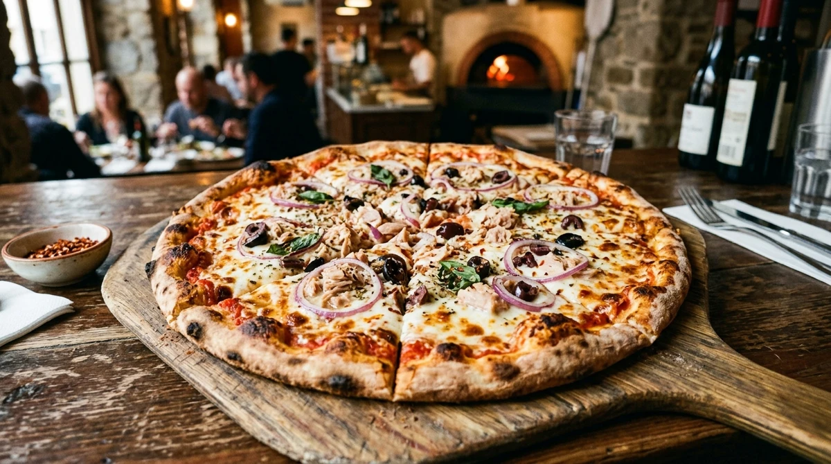 Pizza de Peixes: Pizza de Atum com Cebola Roxa - Um sabor clássico, prático e que traz a proteína do mar de um jeito que todo brasileiro conhece. por Imagem gerada por IA