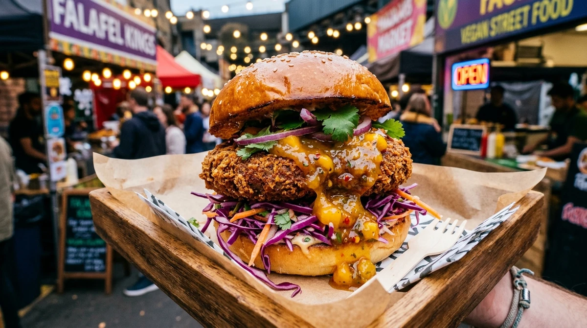 Sanduíche de Aquário: Hambúrguer de Falafel com Molho de Manga - Uma fusão cultural e vegetariana que é moderna, colorida e cheia de sabor. por Imagem gerada por IA