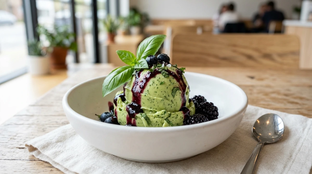 Sobremesa de Aquário: Sorvete de Manjericão ou Ervas com Calda de Frutas - O uso de ingredientes salgados em sobremesas, criando uma experiência sensorial nova. por Imagem gerada por IA