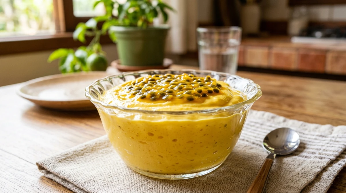 Sobremesa de Peixes: Mousse de Maracujá - A doçura equilibrada com o azedinho da fruta, uma textura de nuvem que derrete na boca.