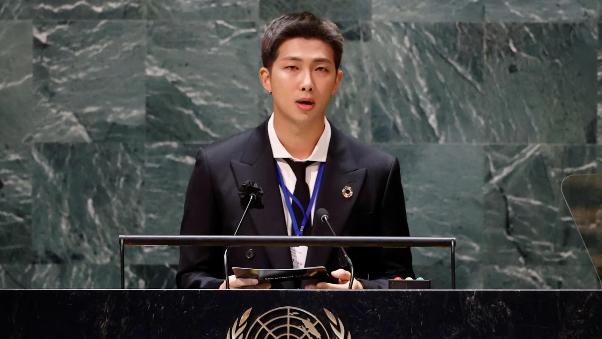 Kim Namjoon no discurso da ONU em 2018 por Reprodução