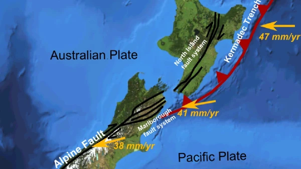 A zona de Hikurangi fica ao largo da costa leste da Ilha Norte da Nova Zelândia, onde a fronteira de placas combina subdução e falhas ativas por Mikenorton / Wikimedia Commons
