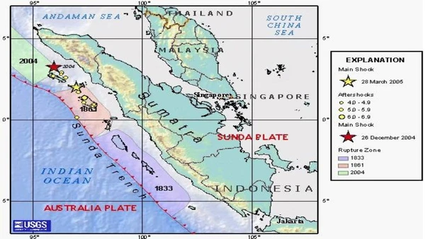 A zona de Sunda está ligada a terremotos históricos no oceano Índico, incluindo os grandes eventos de 1833, 1861, 2004 e 2005 por USGS / Wikimedia Commons